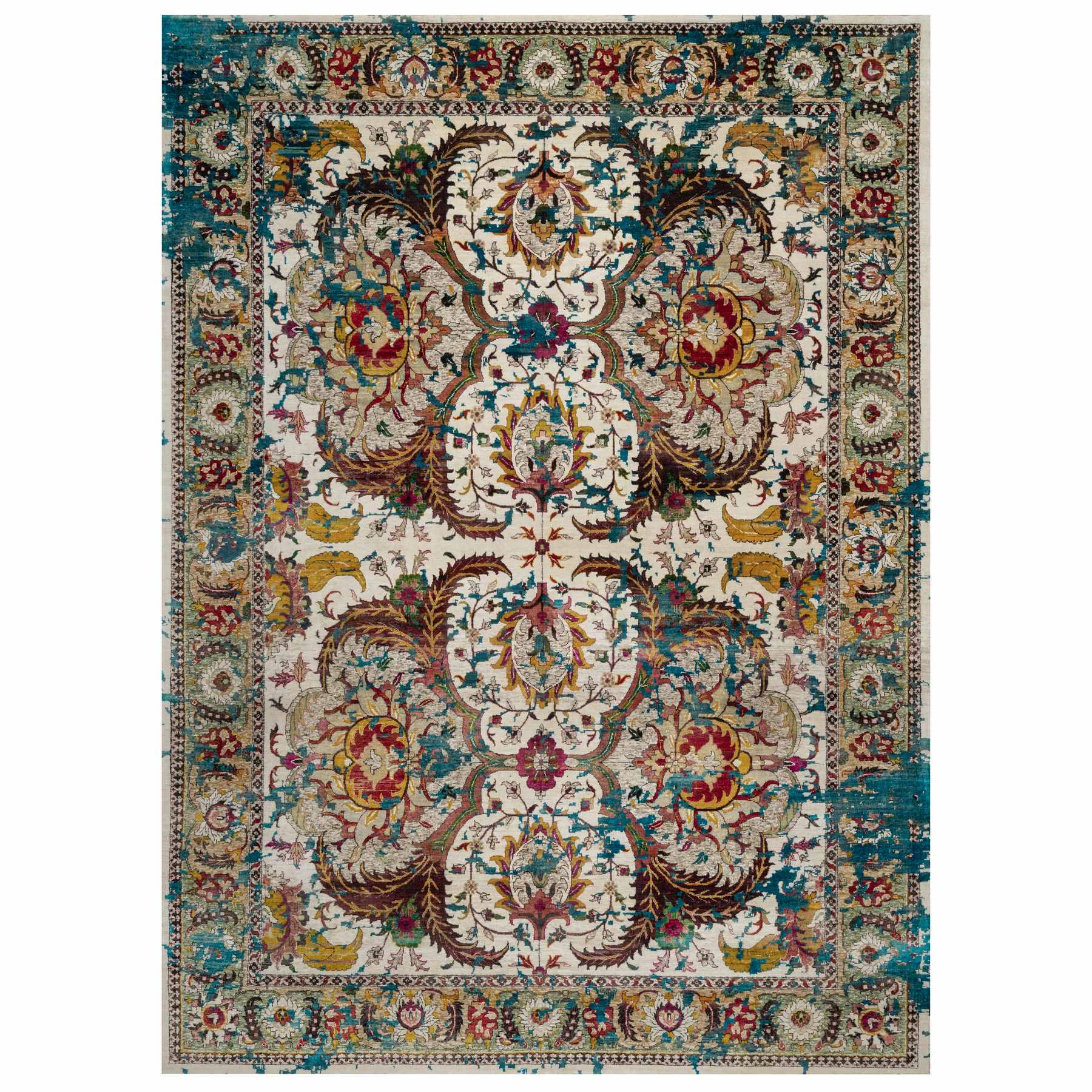 10'x14' Papyrus White, Colorful Polonaise Broken Design, Wool and Sari Silk, Hand Knotted, Oriental Rug 